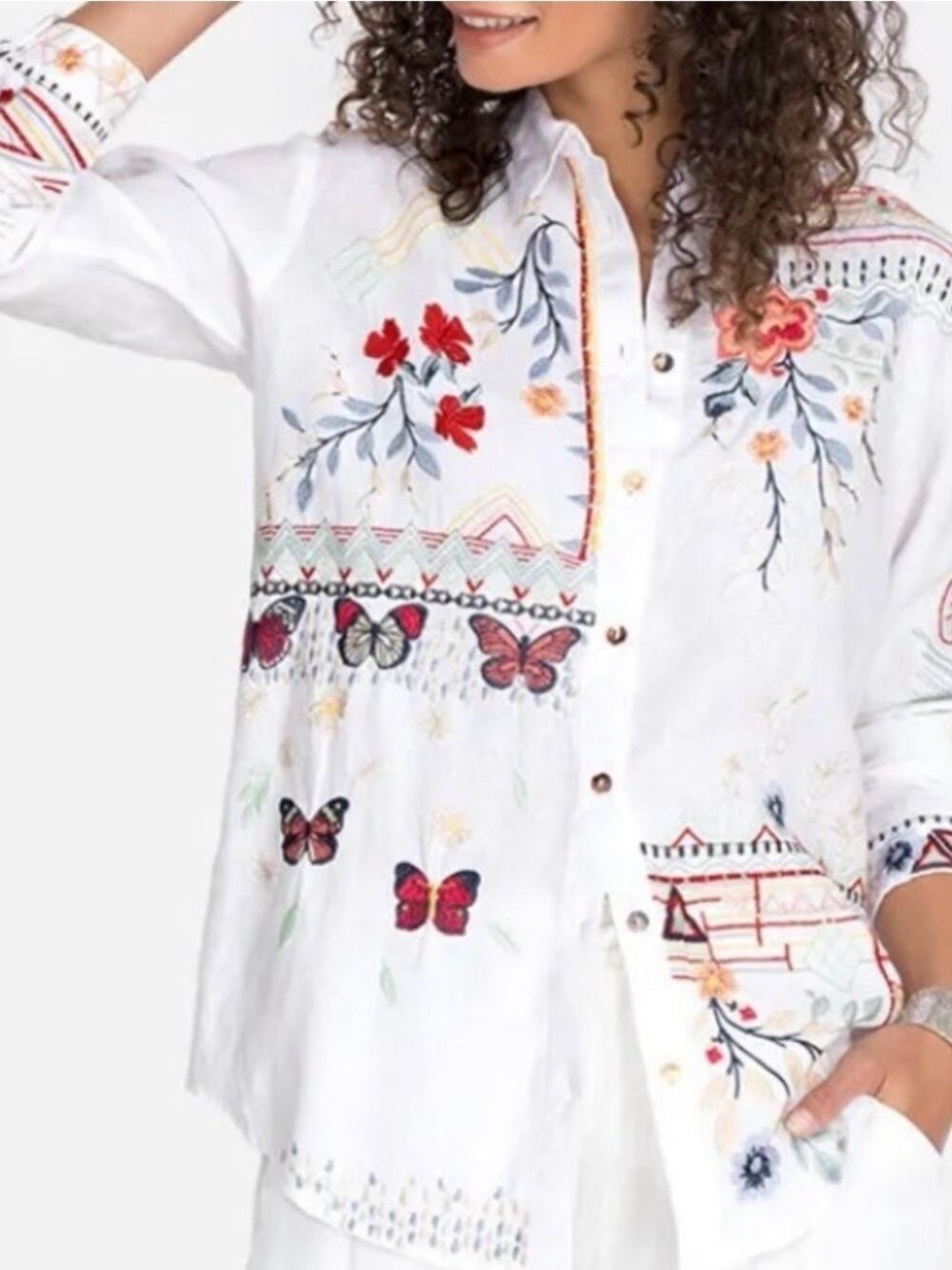 Johnny Was Aravis Linen Embroidered Shirt White Size XS - Picture 6 of 14